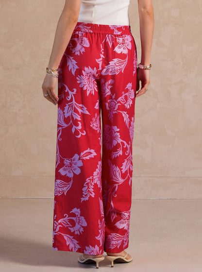Pants / Floral Print Wide Leg  / Red/ Lt Purple