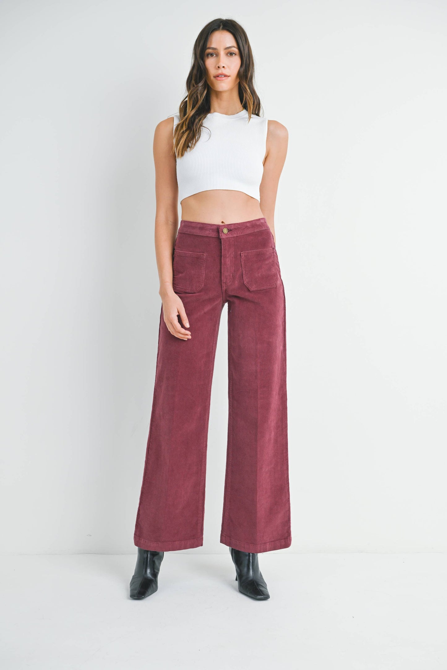 Corduroy Wide Leg Mini Patch Pocket Burgundy