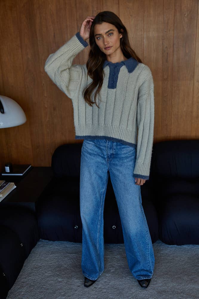 The Collared Neck Knit Sweater / Taupe Blue