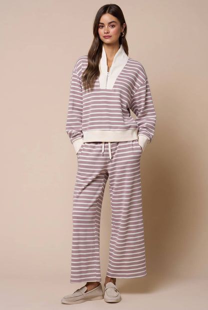 Tops / Quarter Zip Striped Pull Over / Mauve/Ivory