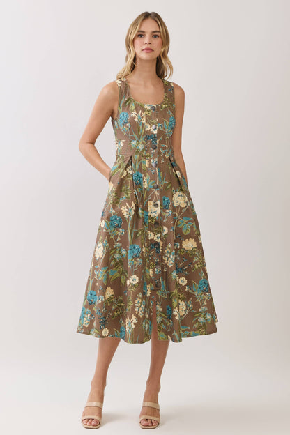 Dresses / Floral Print Front Button Down Midi Dress / Brown