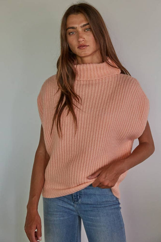 Knit Sweater Ribbed Turtleneck Vest / Peach