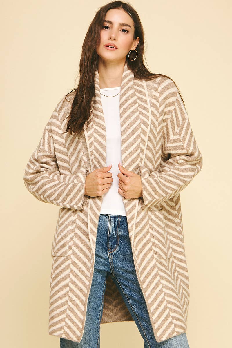 Shawl Collar Stripe Plush Cardigan / Taupe / Cream