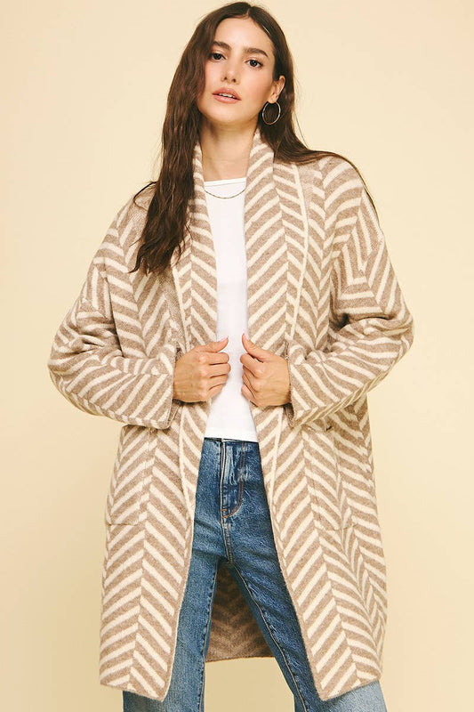 Shawl Collar Stripe Plush Cardigan / Taupe / Cream