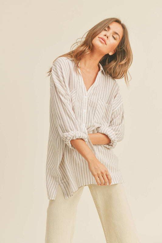 Striped Button Down Beige and White