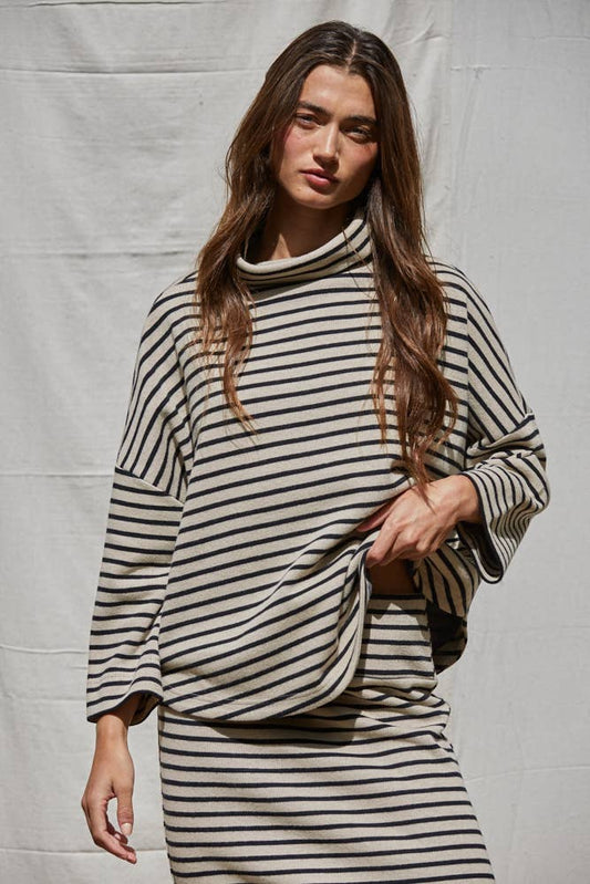 Knit Striped Pullover Top / Taupe / Black