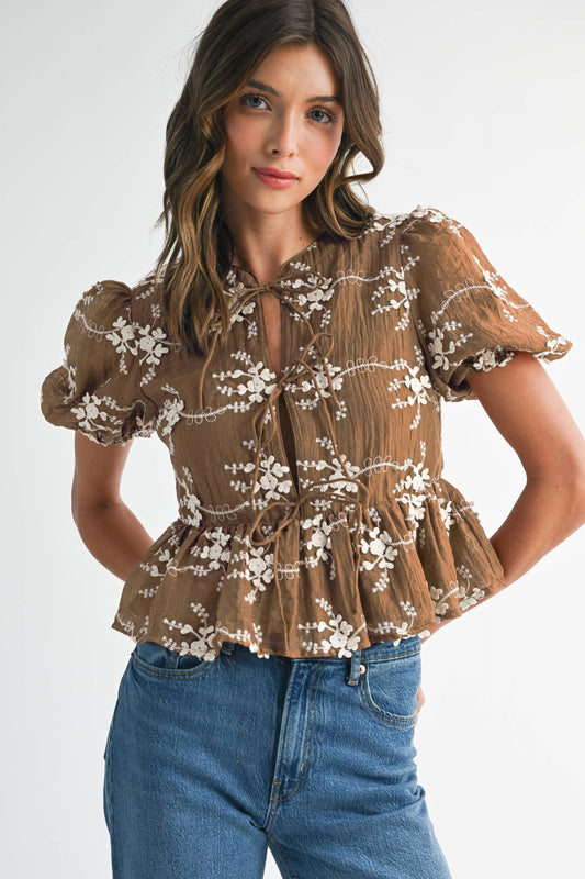 Embroidered Peplum Blouse with Puff Sleeves/ Mocha