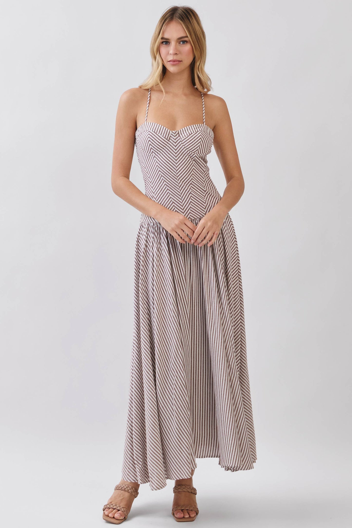 Dresses / Striped Sweetheart Neck Corset Maxi / Brown