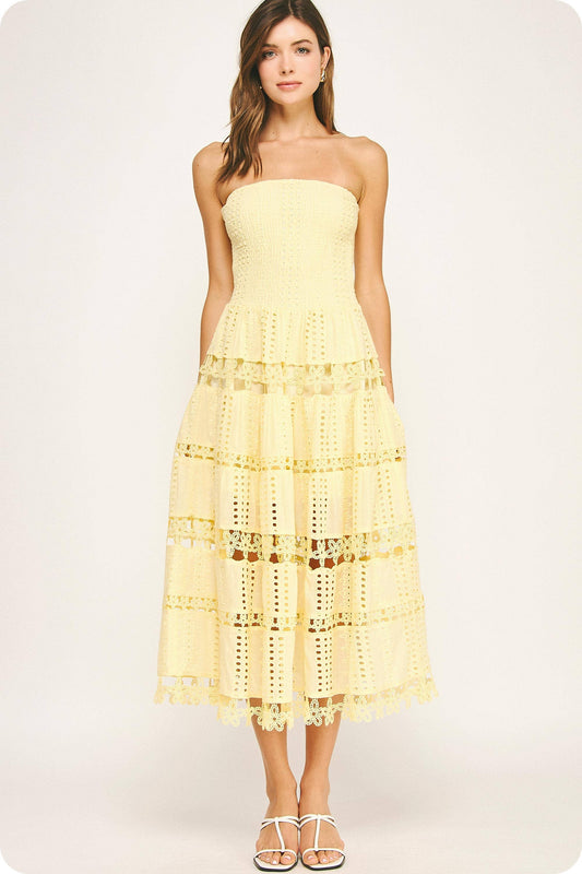 Dresses/ Eyelet Lace Tube Dress / Lt Yellow
