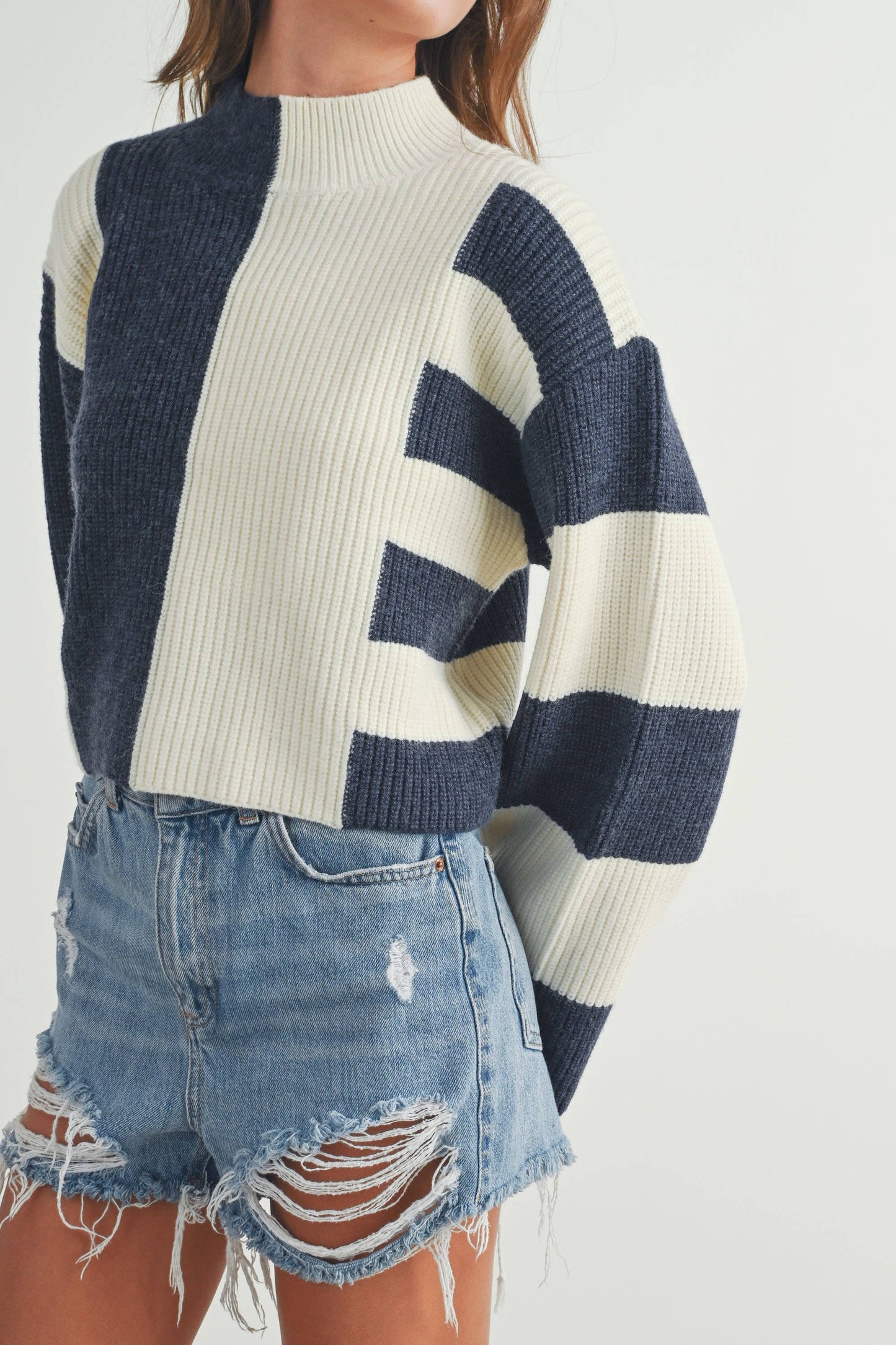 Color Block Mock Turtleneck Sweater / Navy / Ivory