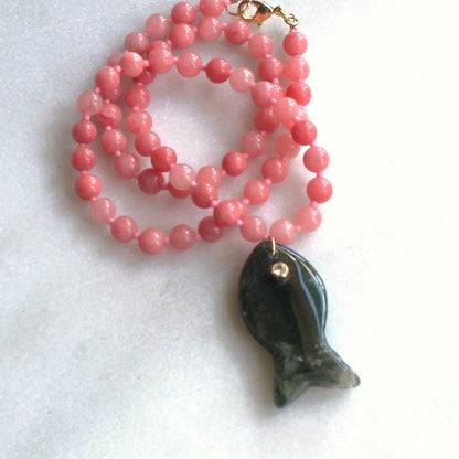 Necklace / Calla Pink Jade Bead / Green Fish