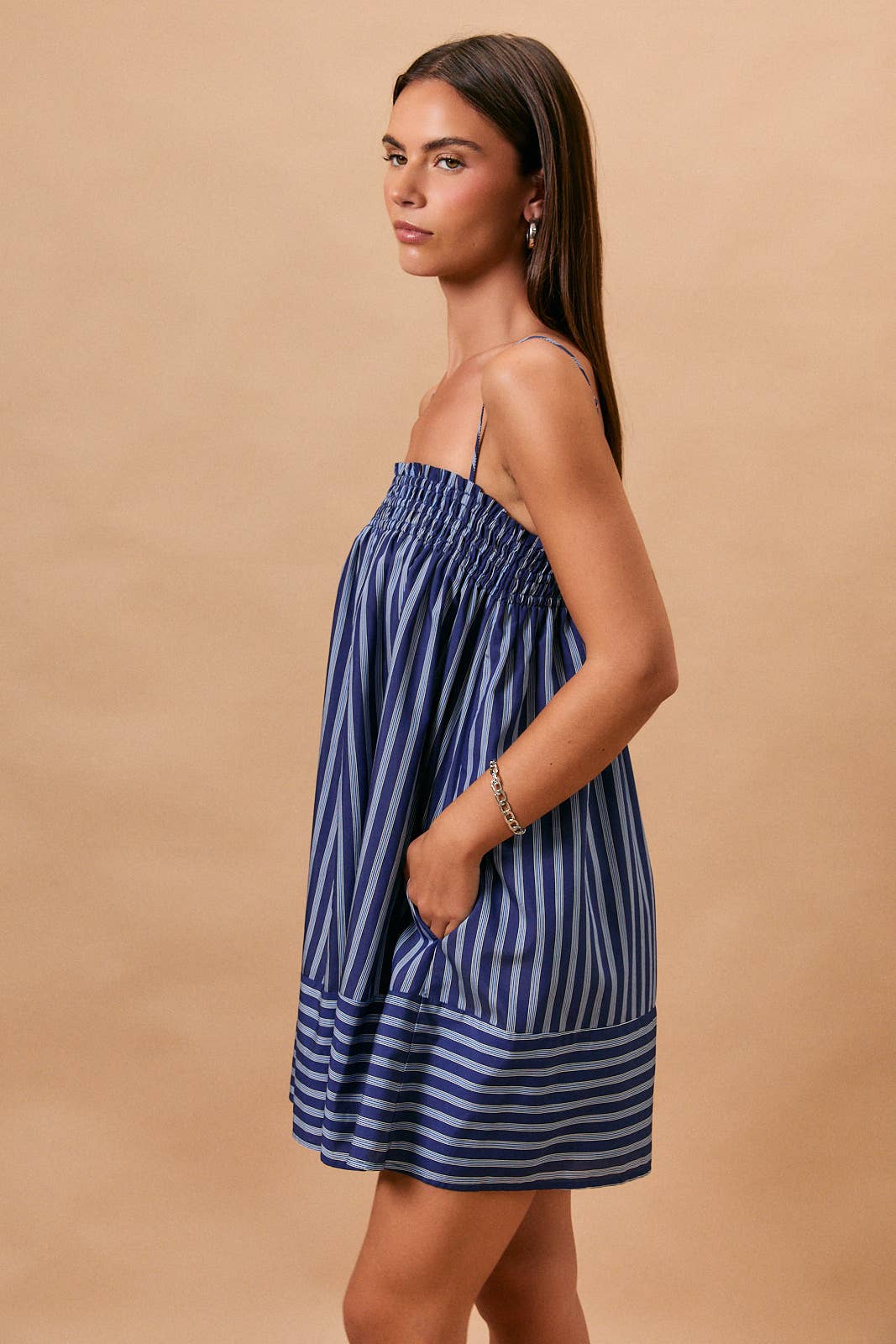 Dresses / Smocked Shoulder Tie Mini / Stripe / Blue