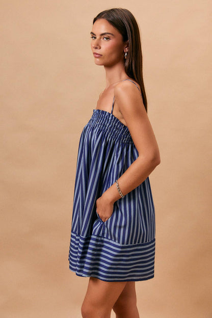 Dresses / Smocked Shoulder Tie Mini / Stripe / Blue