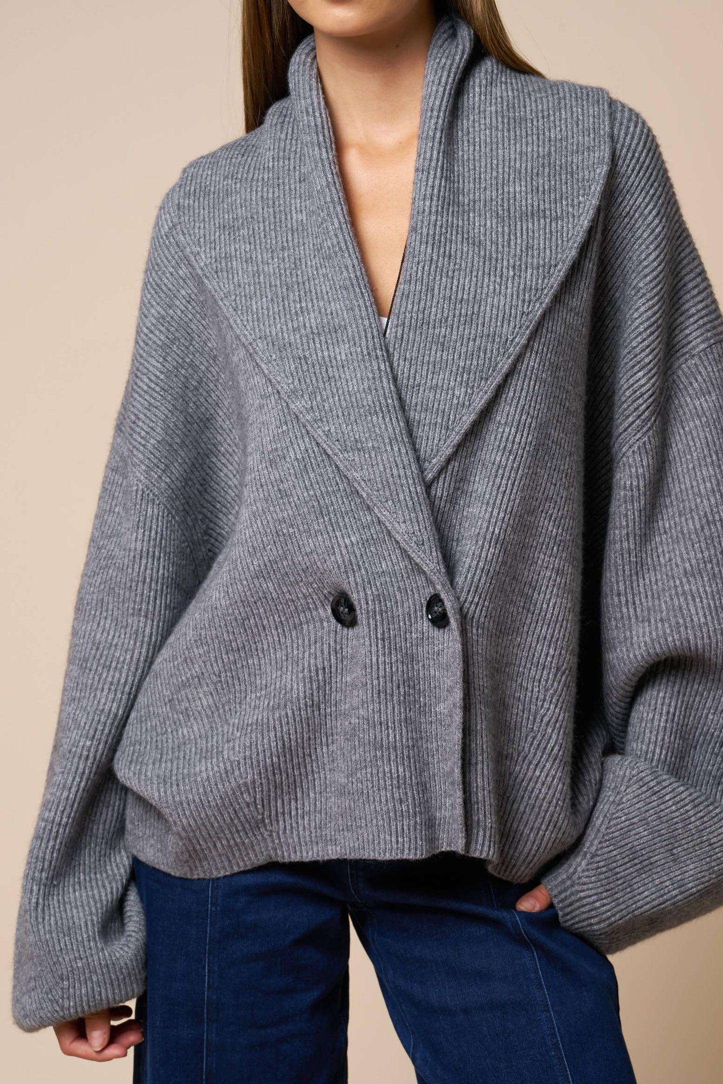 Sweaters / Shawl Collar Wrap Knit Cardigan / Grey