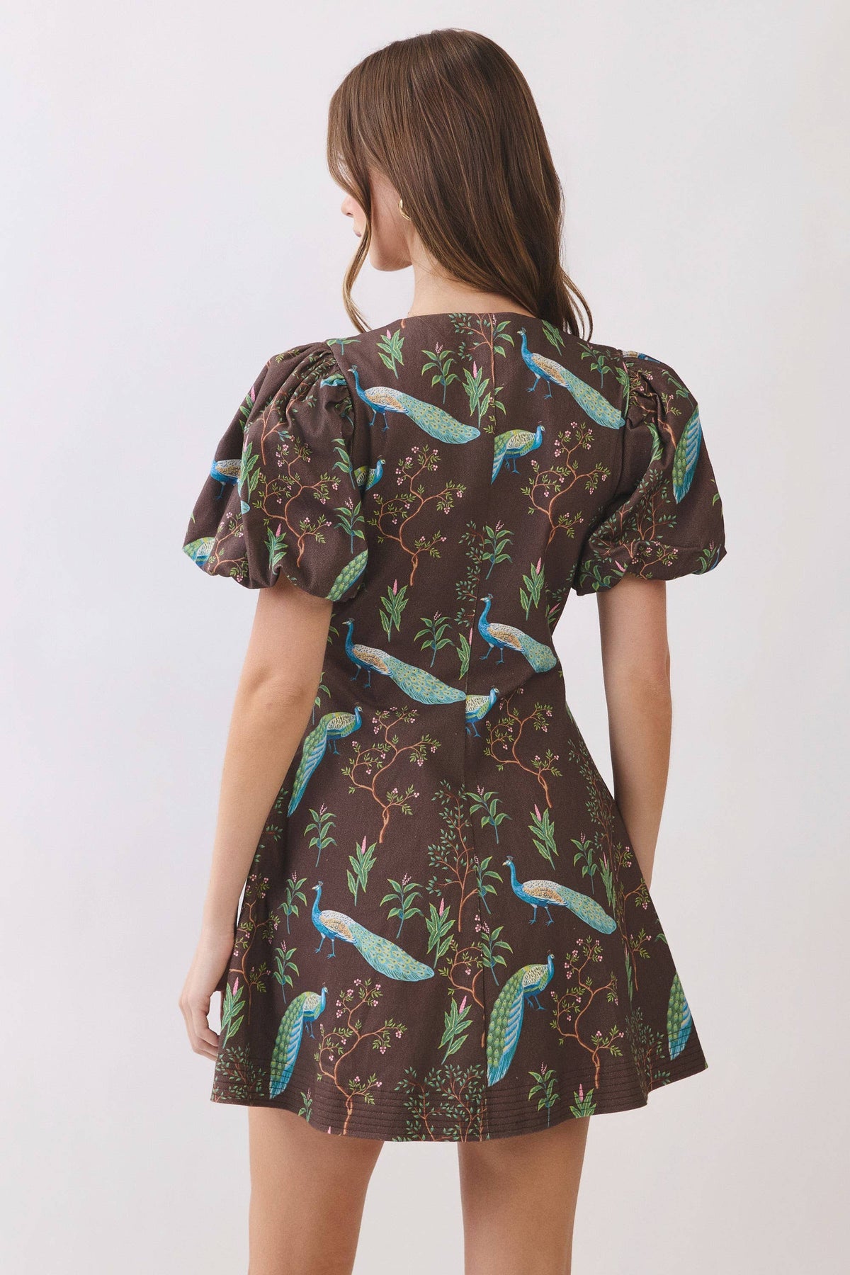 Dress / Peacock Print Puff Sleeve Button Down Mini / Chocolate