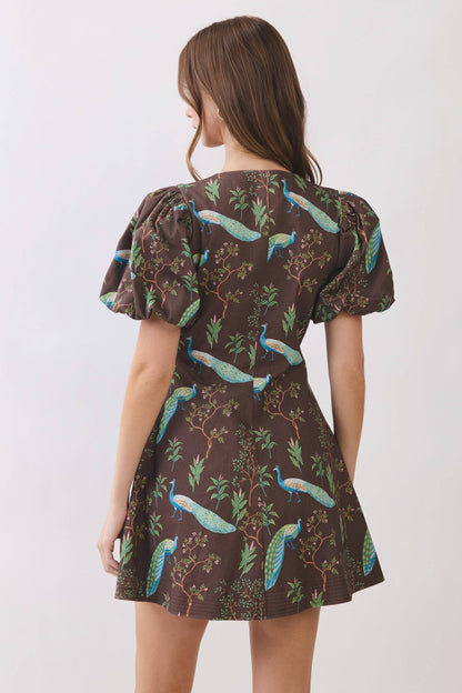 Dress / Peacock Print Puff Sleeve Button Down Mini / Chocolate