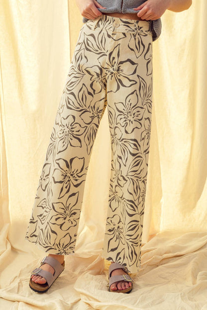 Pants / Floral Print Stretch Jeans / Denim Blue
