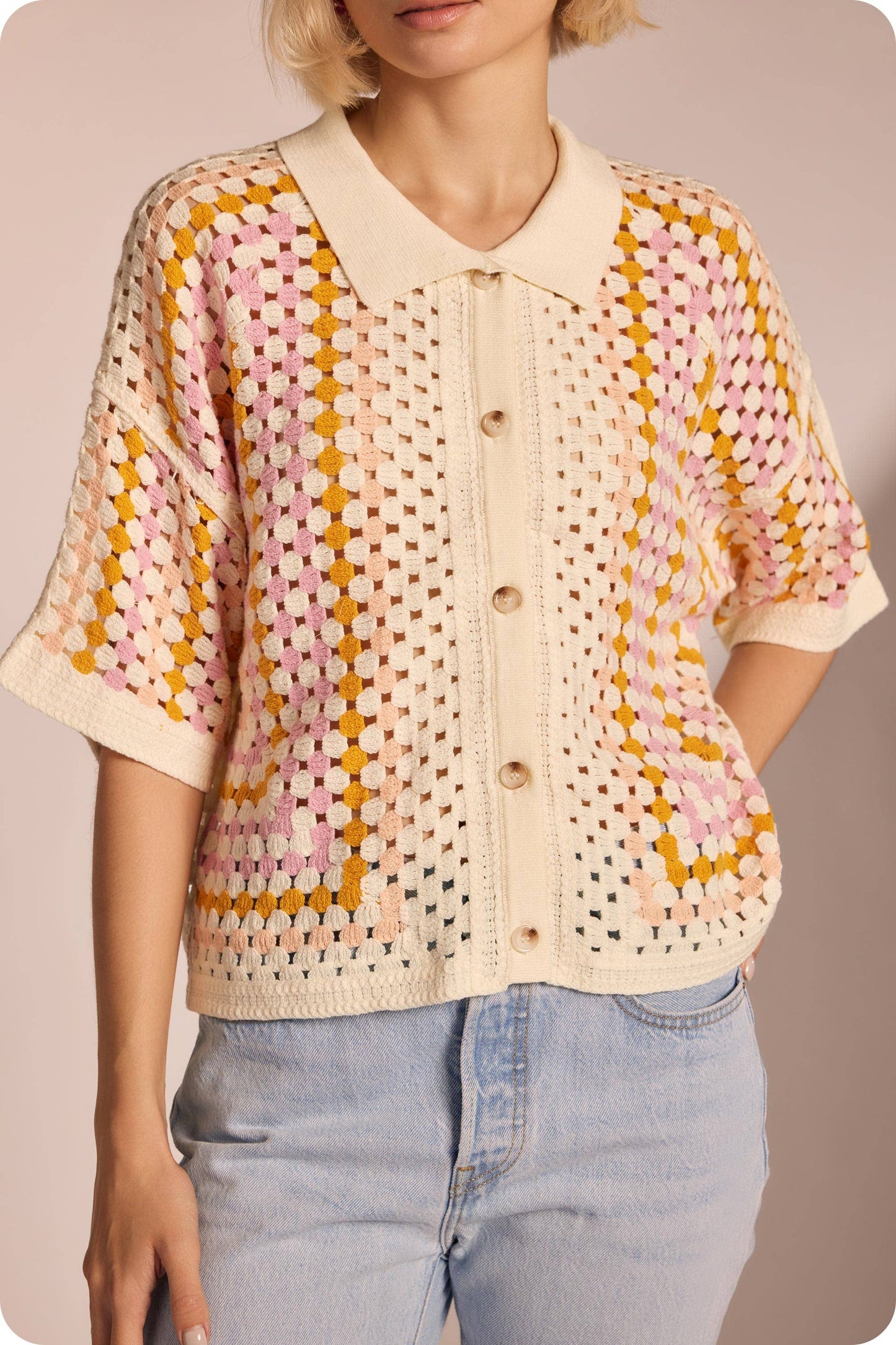 Collared Crochet Button Down / Cream Multi