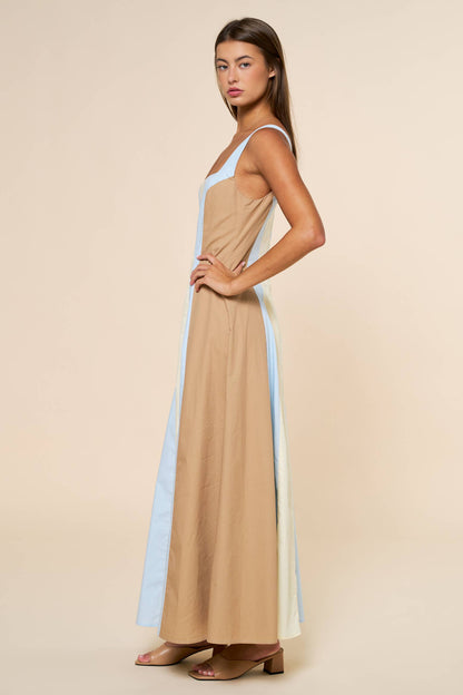 Dress / Square Neck Sleeveless Maxi  / Color Block