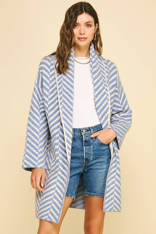 Shawl Collar Stripe Plush Cardigan / Blue/ Cream