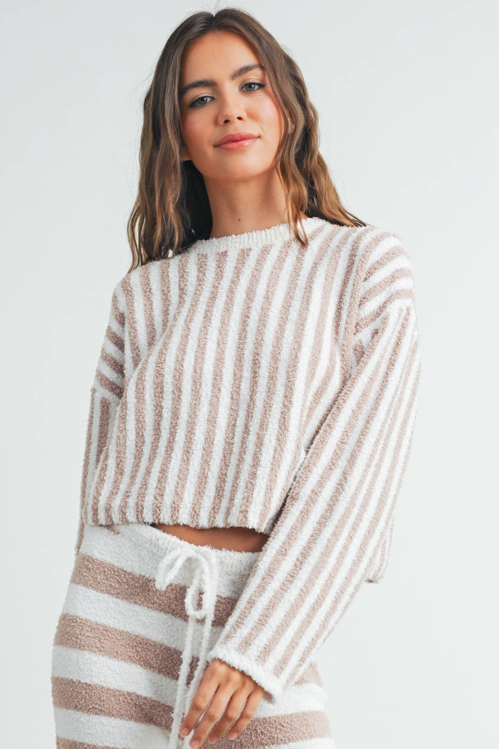 Striped Plush Round Neck Sweater / Ivory / Taupe