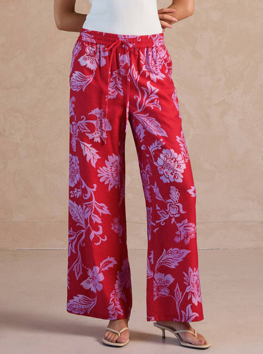 Pants / Floral Print Wide Leg  / Red/ Lt Purple