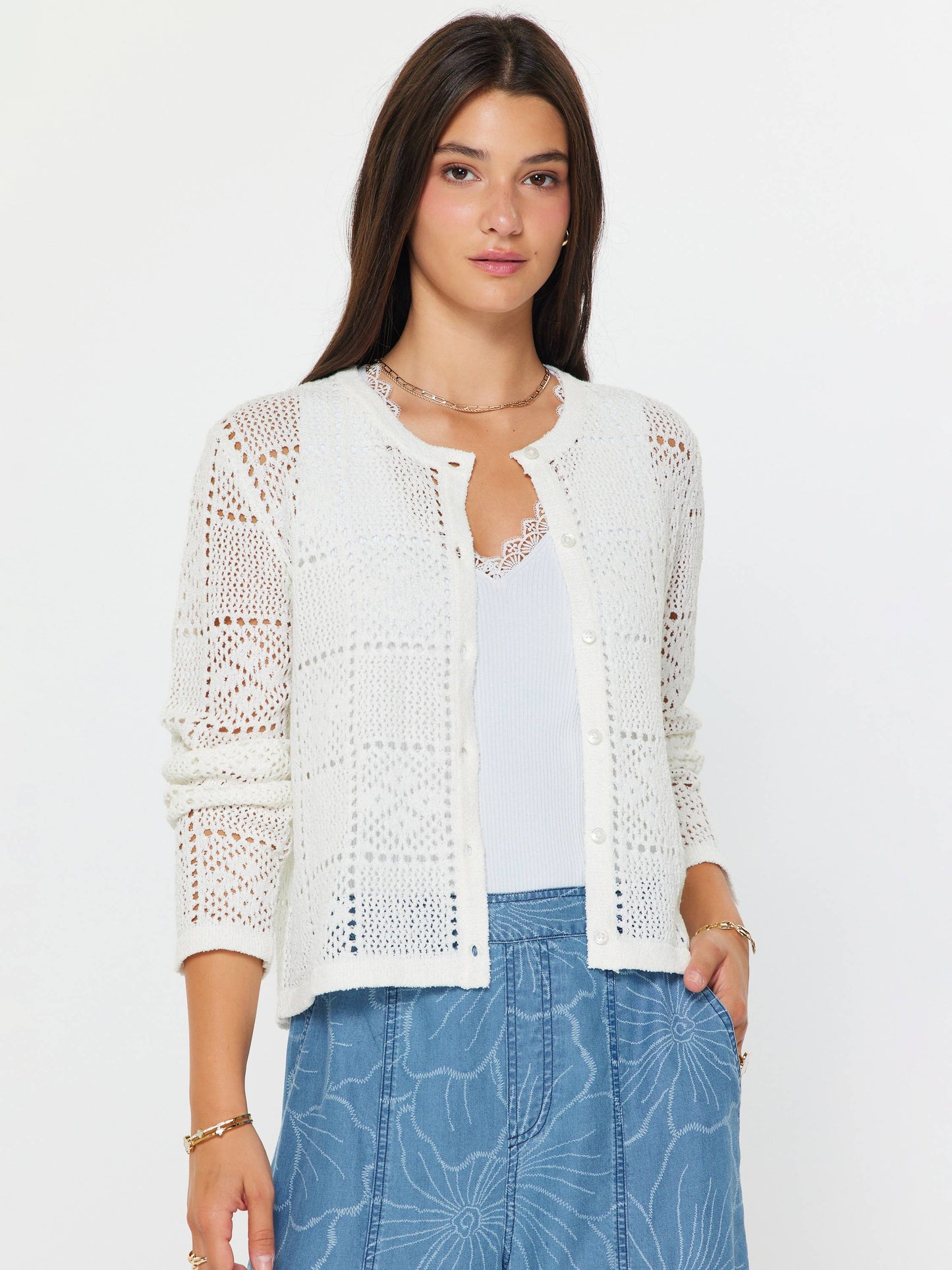 Sweater / Open Knit Button Down Cardigan / White