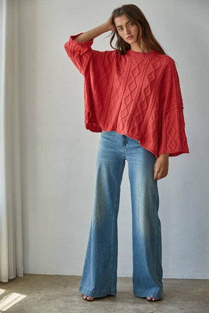 Cable Knit Cotton Sweater / Washed Red