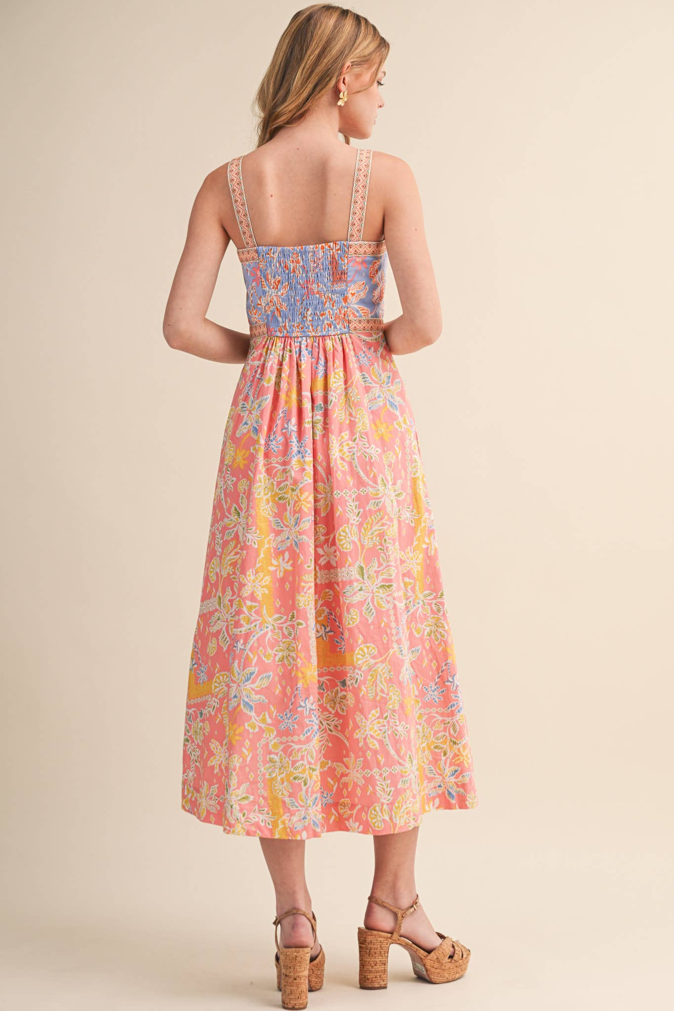Dresses / Floral Tape Trim Button Down / Peach / Pink