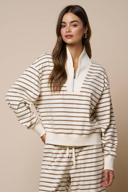 Tops / Quarter Zip Striped Pull Over / Taupe/Ivory