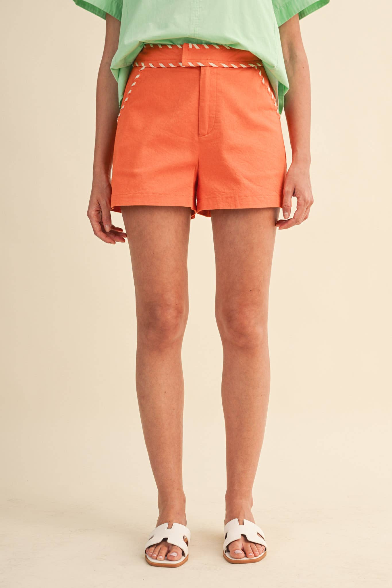 Shorts / High Waist with Whip Stitch Trim / Orange