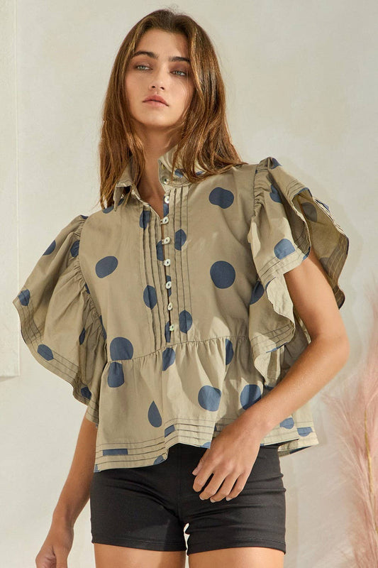 Ruffle Sleeve Pintuck Polka Dot Top / Taupe/Navy