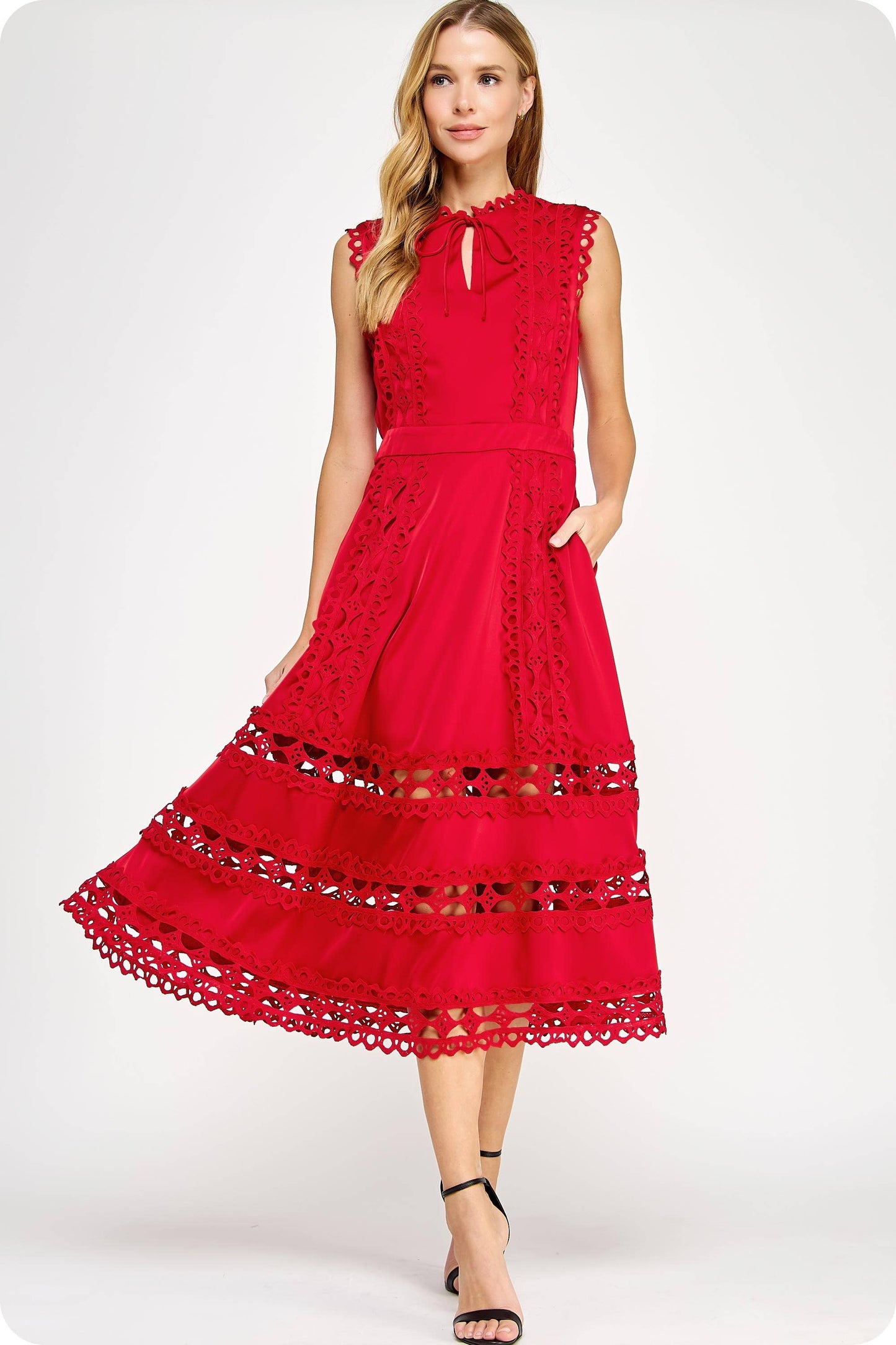 Scallop Edge Crochet Trim Satin Midi / Red