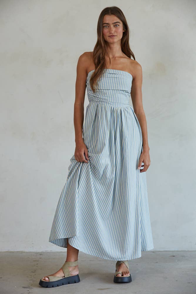 Dresses / Pleat Top Stripe Maxi / Dusty Blue