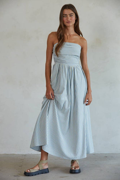 Dresses / Pleat Top Stripe Maxi / Dusty Blue
