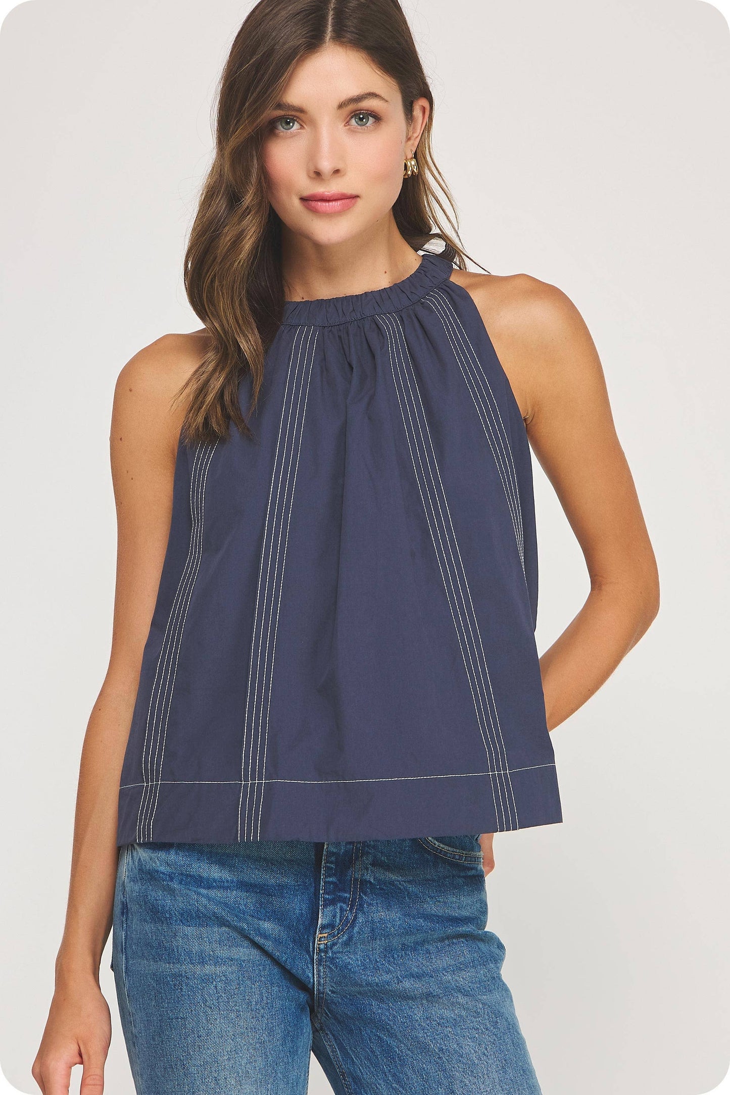 Stitch Contrast Halter Neck Top / Navy