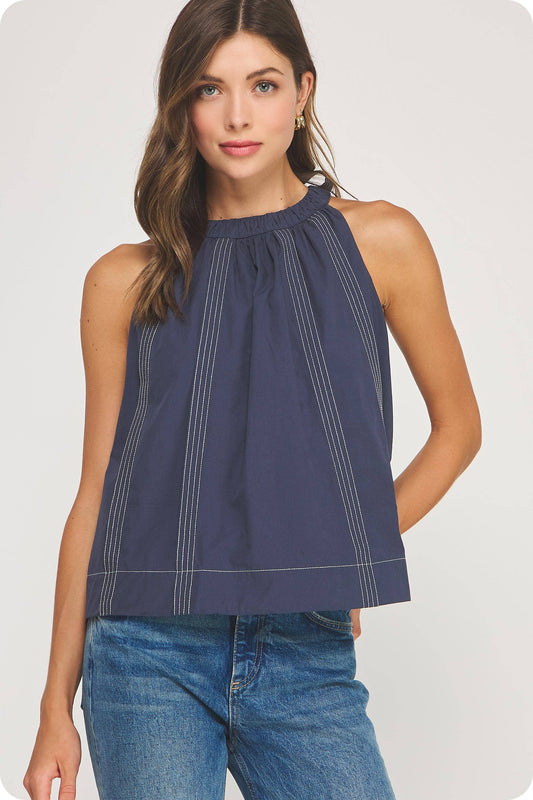 Stitch Contrast Halter Neck Top / Navy