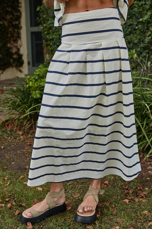 Skirts / Woven Cotton Striped Flare Midi / White / Navy