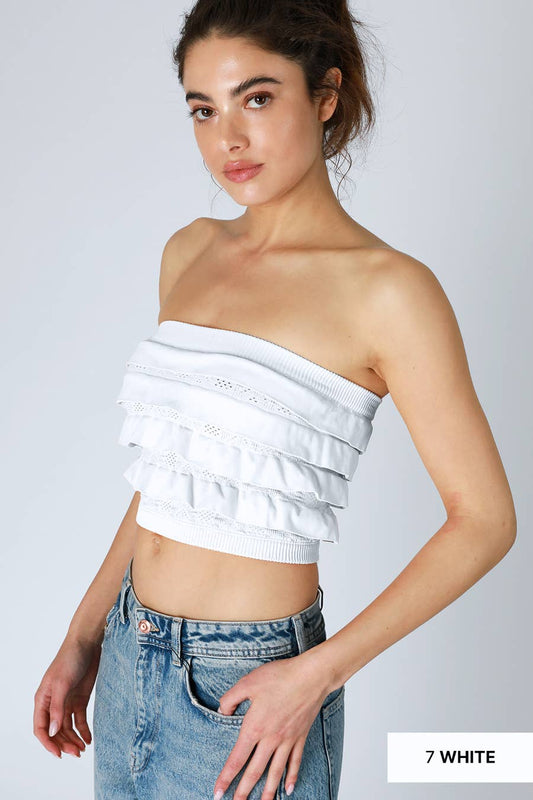 Layered Ruffle Tube Top / White O/S