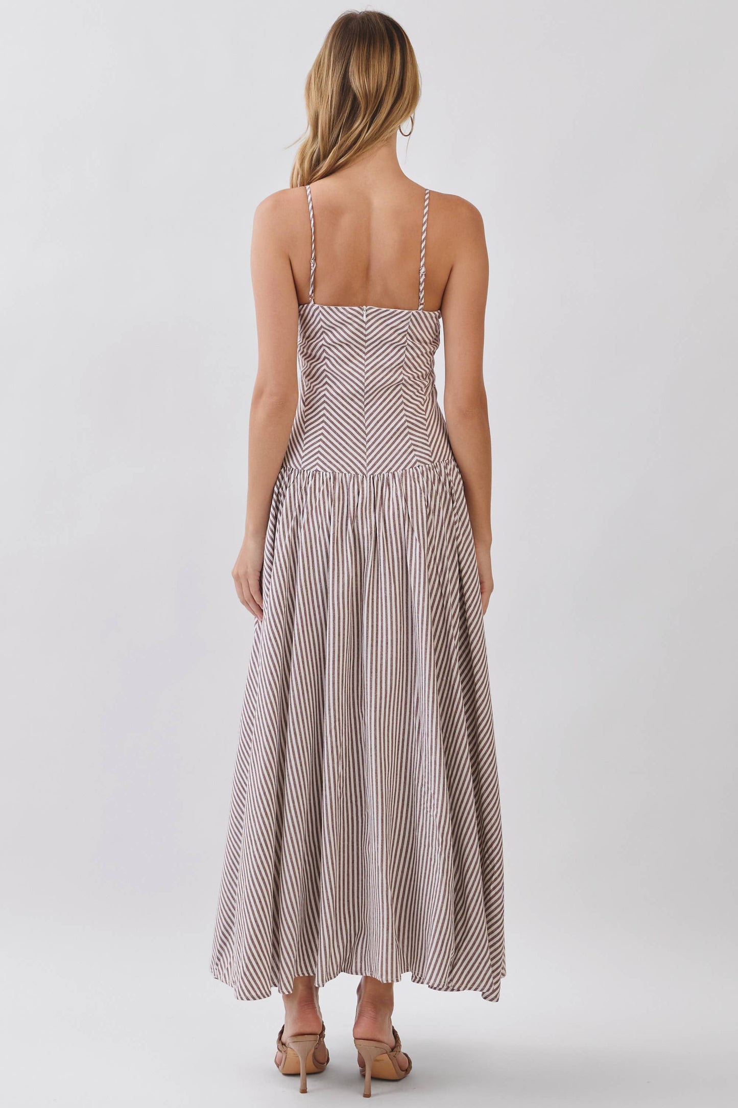 Dresses / Striped Sweetheart Neck Corset Maxi / Brown