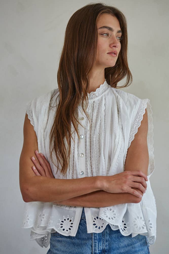 Woven Eyelet Buttondown Sleeveless Top / White