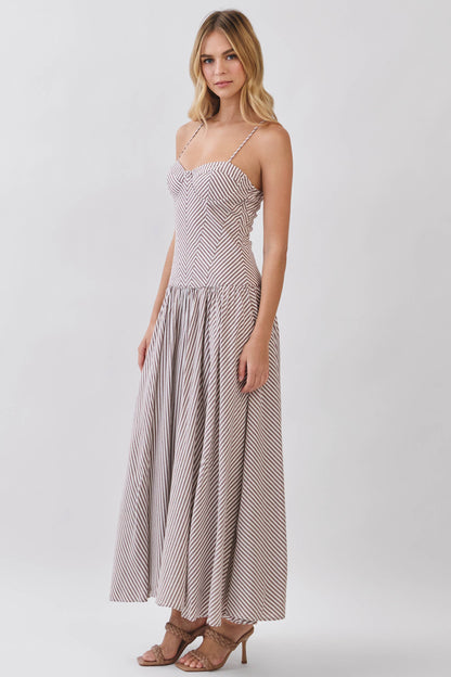 Dresses / Striped Sweetheart Neck Corset Maxi / Brown
