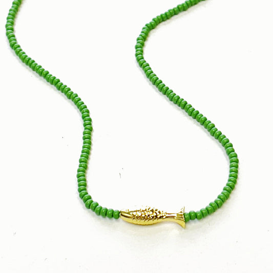 Lucky Fish Beaded Necklace / Kelly Green