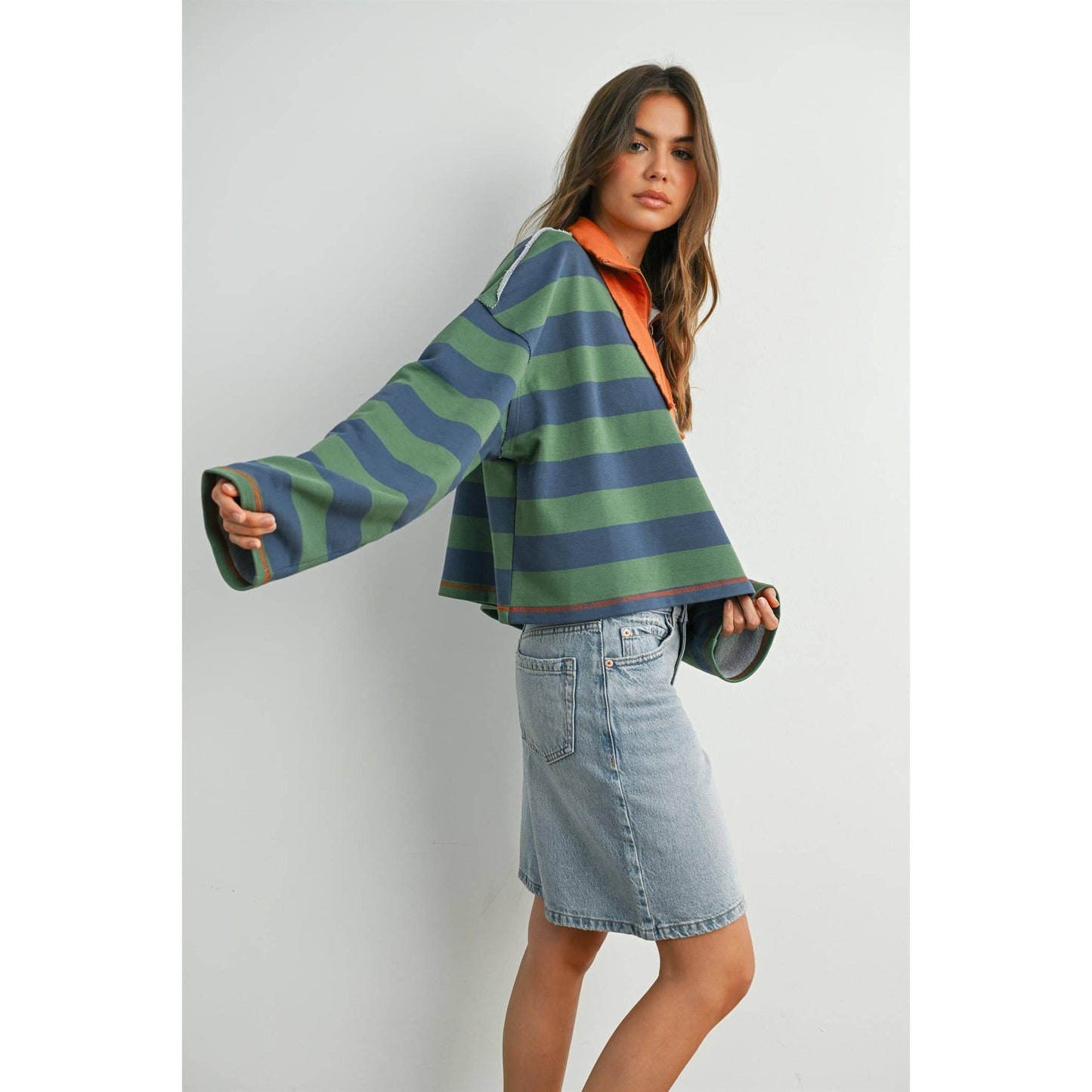 Striped Quarter-Zip with Contrasting Collar Blue / Green