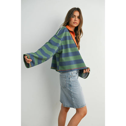 Striped Quarter-Zip with Contrasting Collar Blue / Green