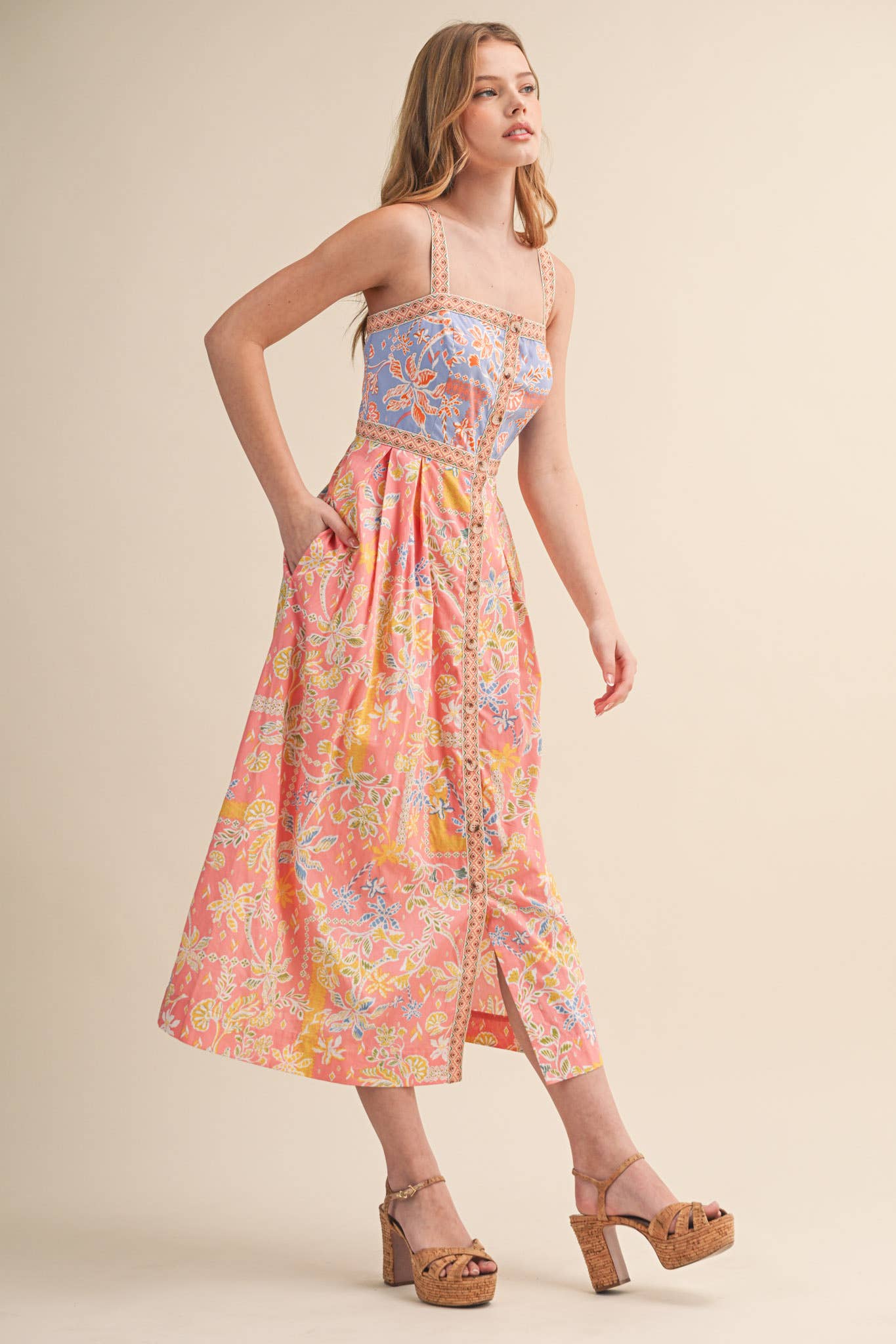 Dresses / Floral Tape Trim Button Down / Peach / Pink