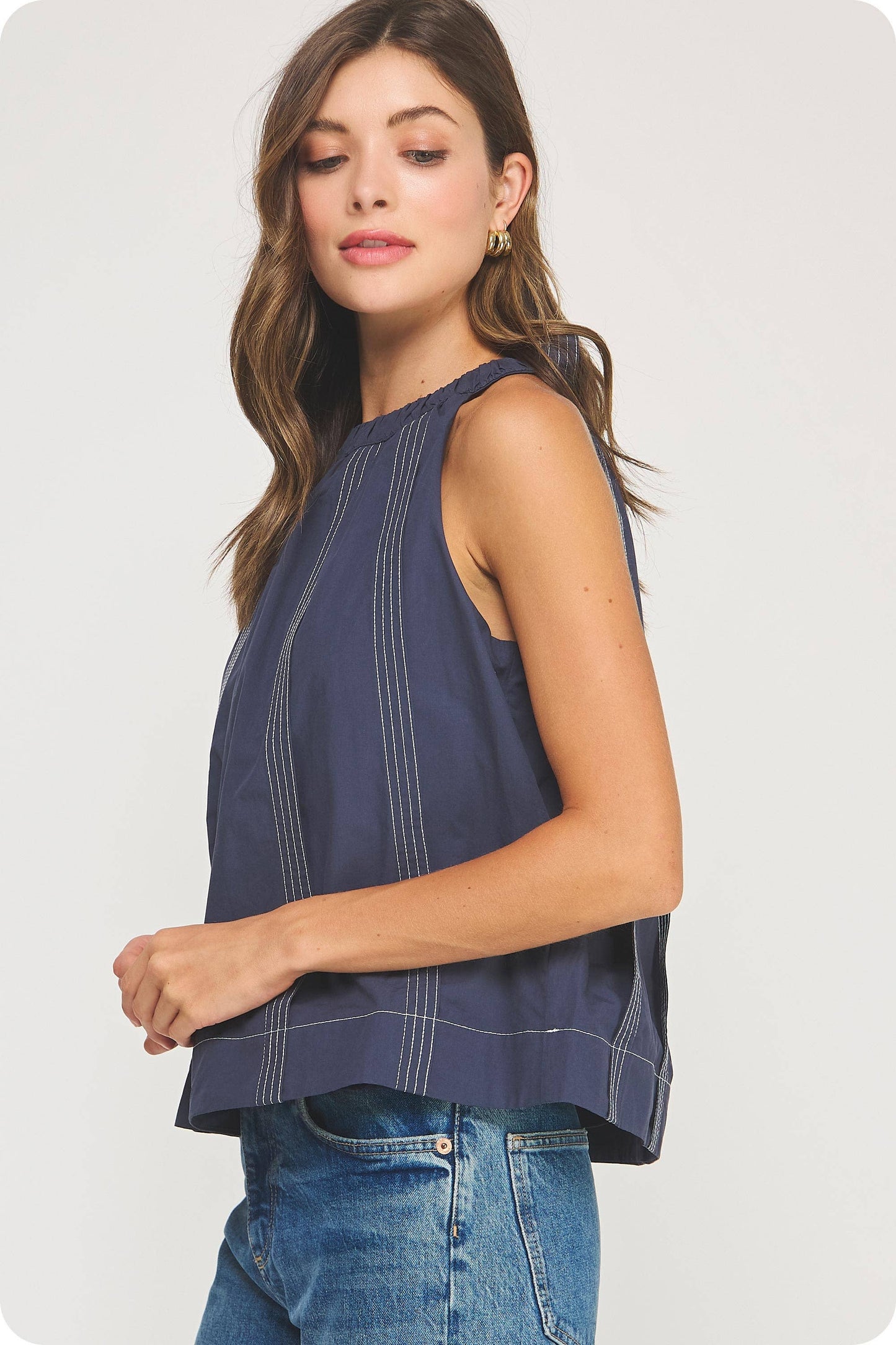 Stitch Contrast Halter Neck Top / Navy