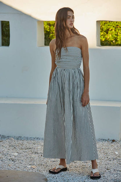Dresses / Pleat Top Stripe Maxi / Dusty Blue