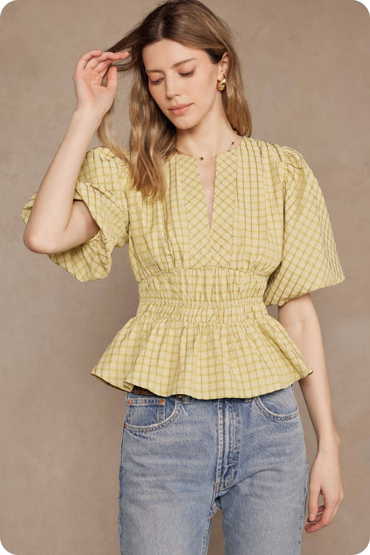 The Checkered Puff Sleeve Blouse /  Chartreuse