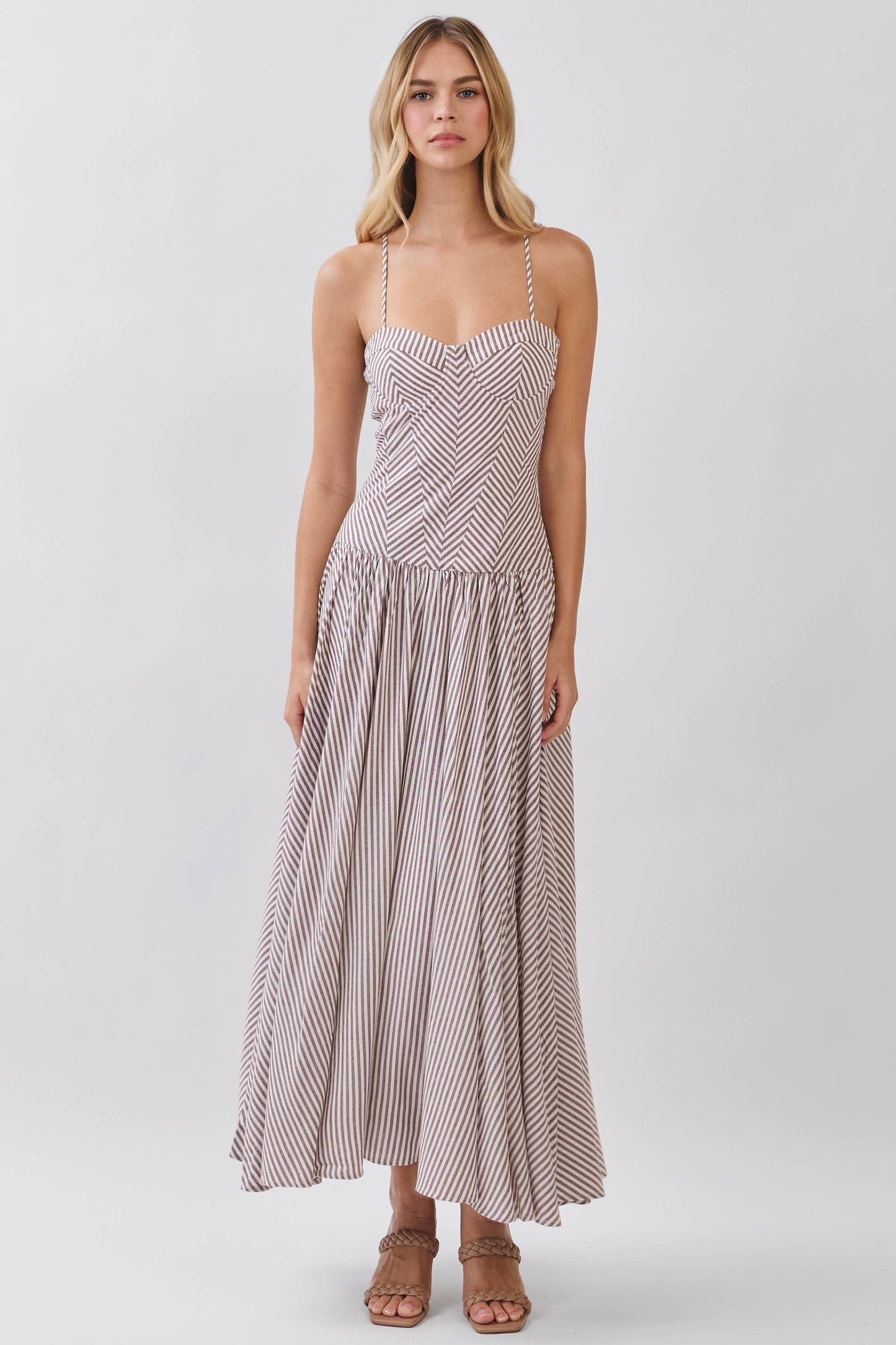 Dresses / Striped Sweetheart Neck Corset Maxi / Brown